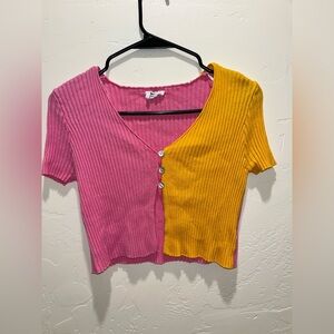 Double Zero Pink and Yellow Ribbed Crop Top